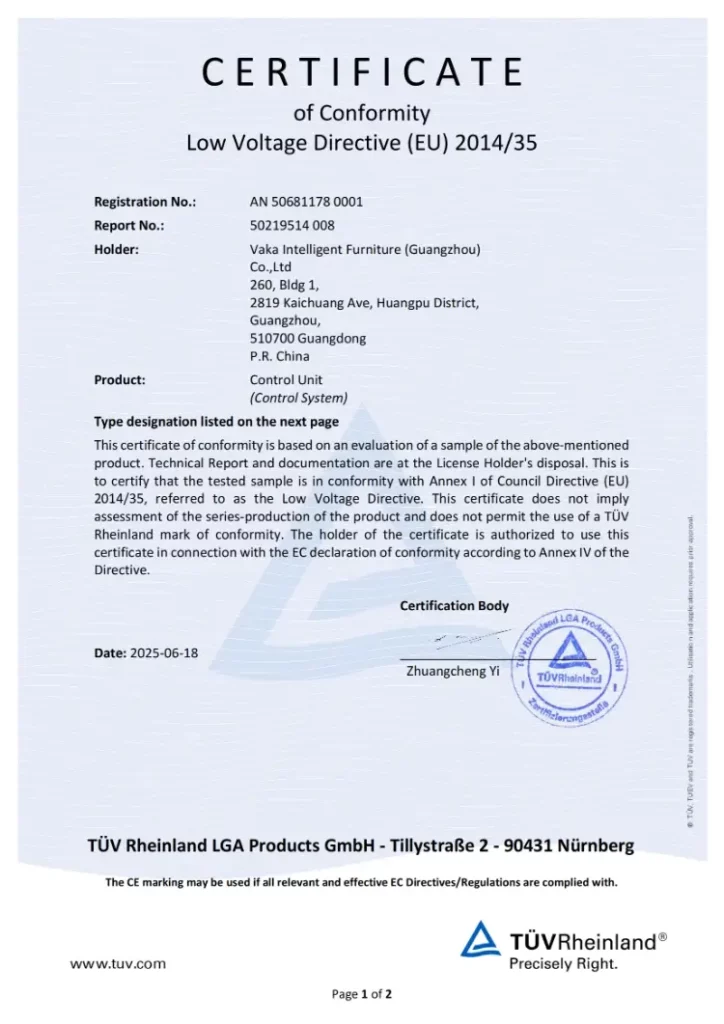CE certificate by TUV for Volex electric loft bed systerms -Vaka Intelligent Furniture (1)
